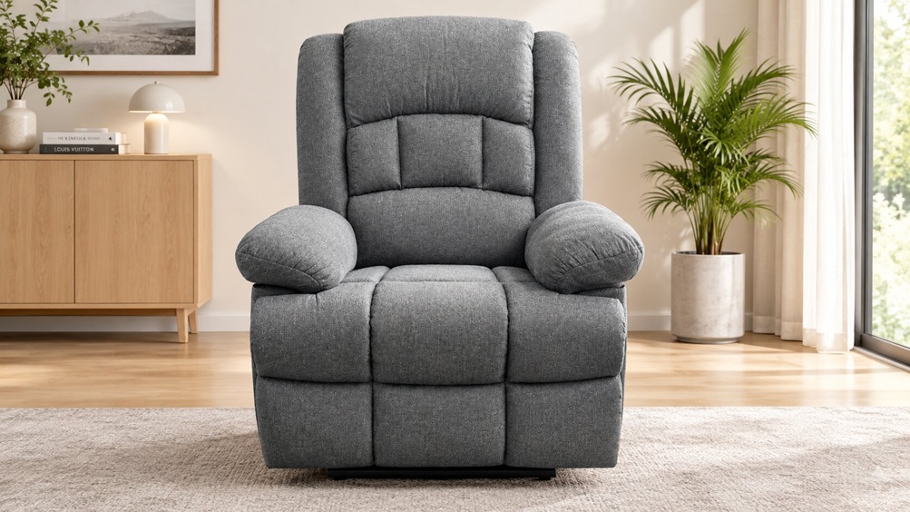 Srfzluxy grey fabric recliner armchair with ergonomic 3D backrest and padded armrests