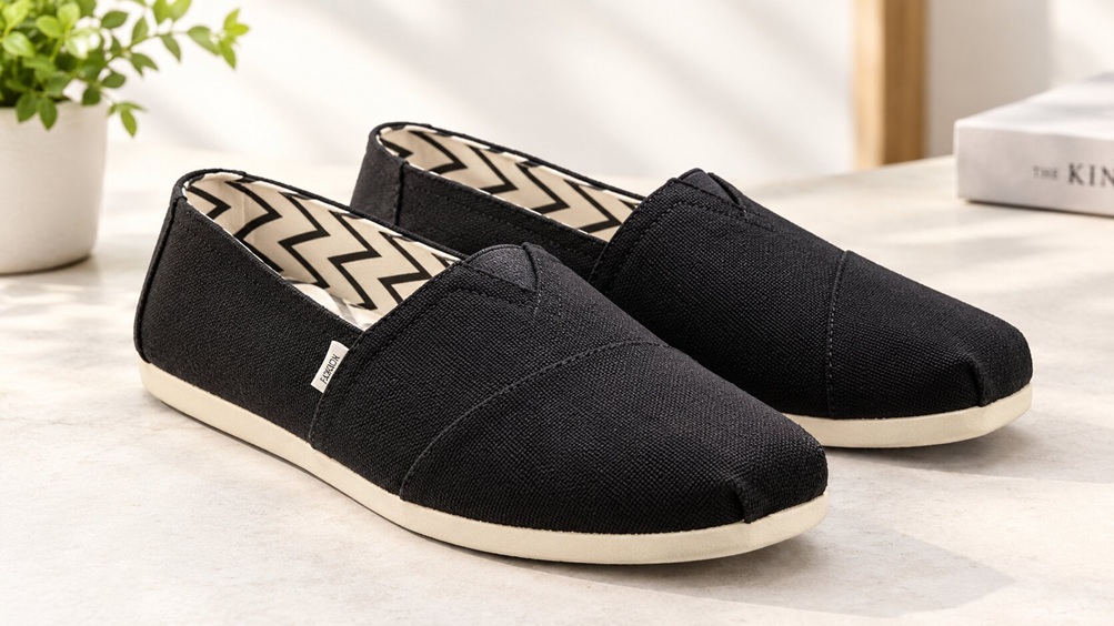 Black canvas slip-on shoe with cushioned insole and patterned lining
