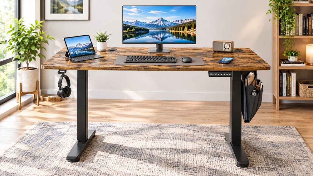 VASAGLE compact electric standing desk with rustic brown finish and built-in USB-C charging