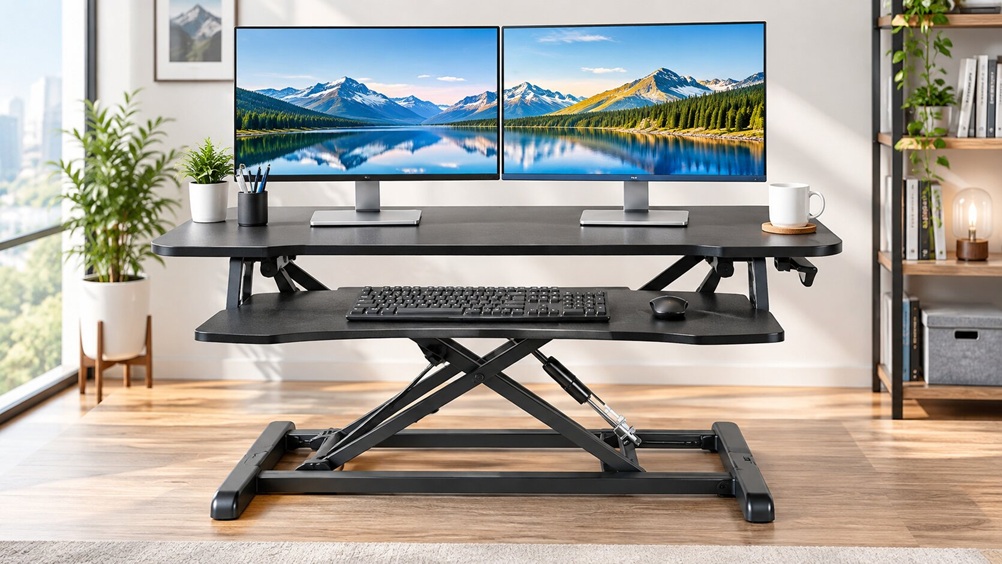 VIVO standing desk converter with dual monitor support and separate keyboard tray
